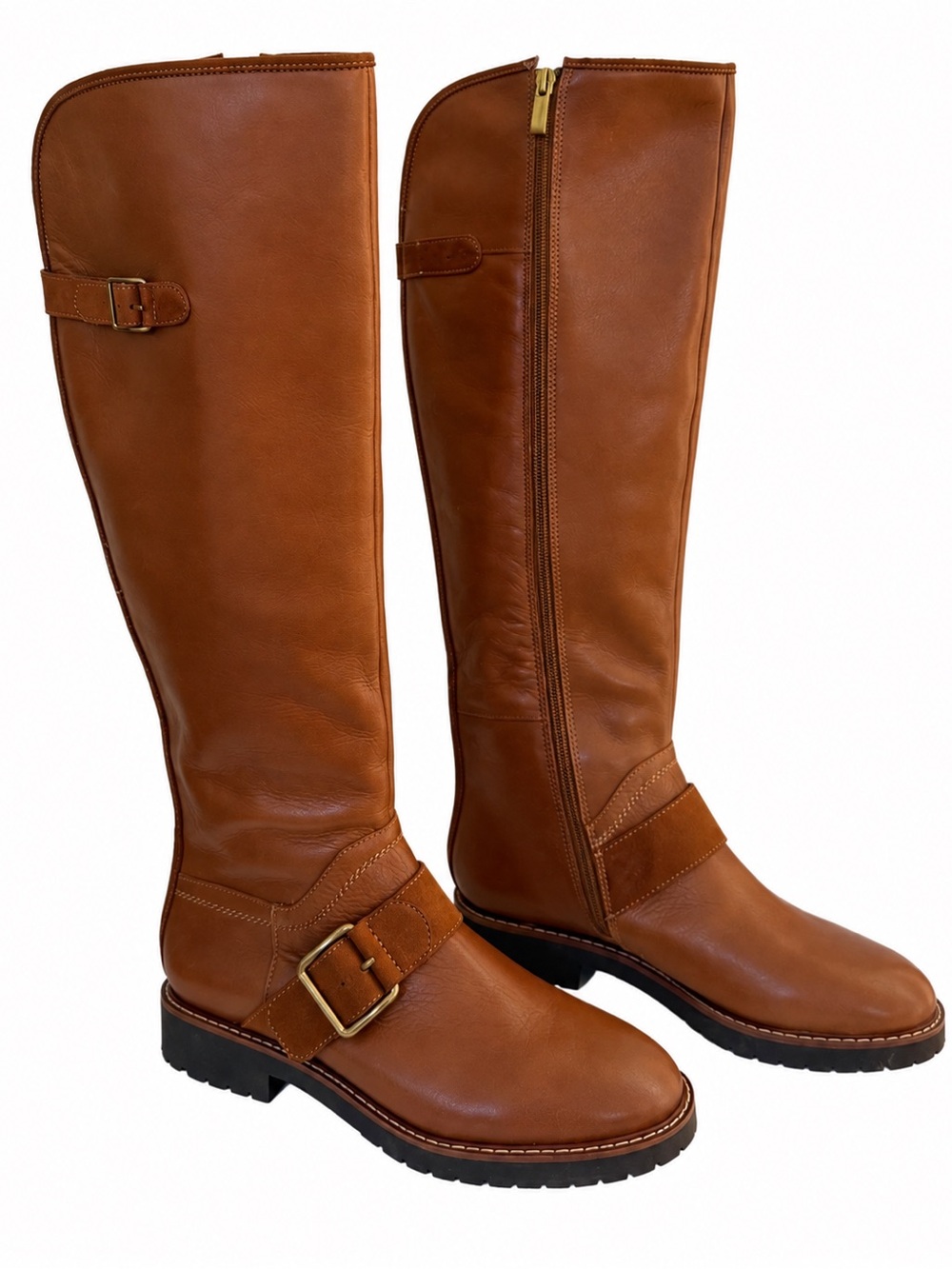Franco Sarto Cutler Brown Leather Suede Buckle Zip Knee High Riding Boots Size 6